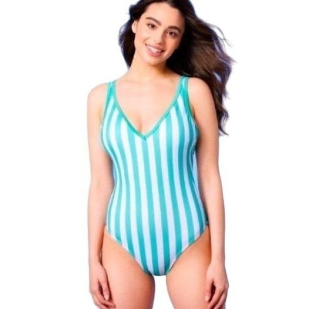 Kona Sol One Piece Green Stripe Print V-Neck Adjustable Bathing Suit S
